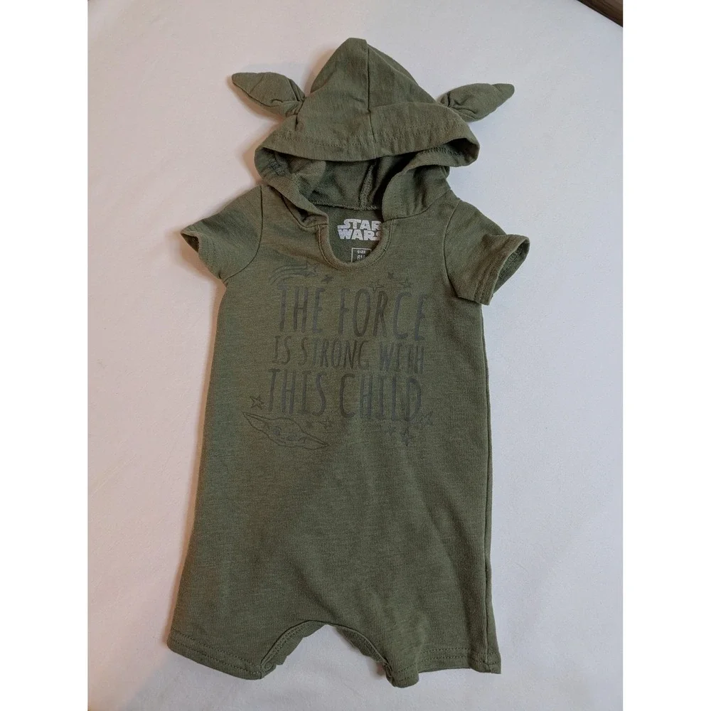 Star Wars Grogu Baby Yoda Hood Romper Olive Green 6M The Force Is Strong 3D Ears